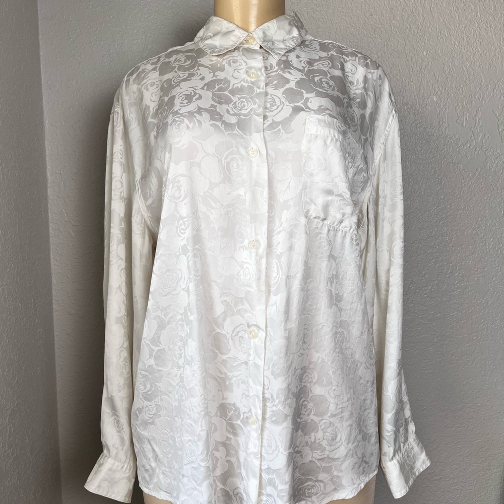 K Arnold Women's White Silk Button-Up Long Sleeve Blouse Floral Pattern Sz L